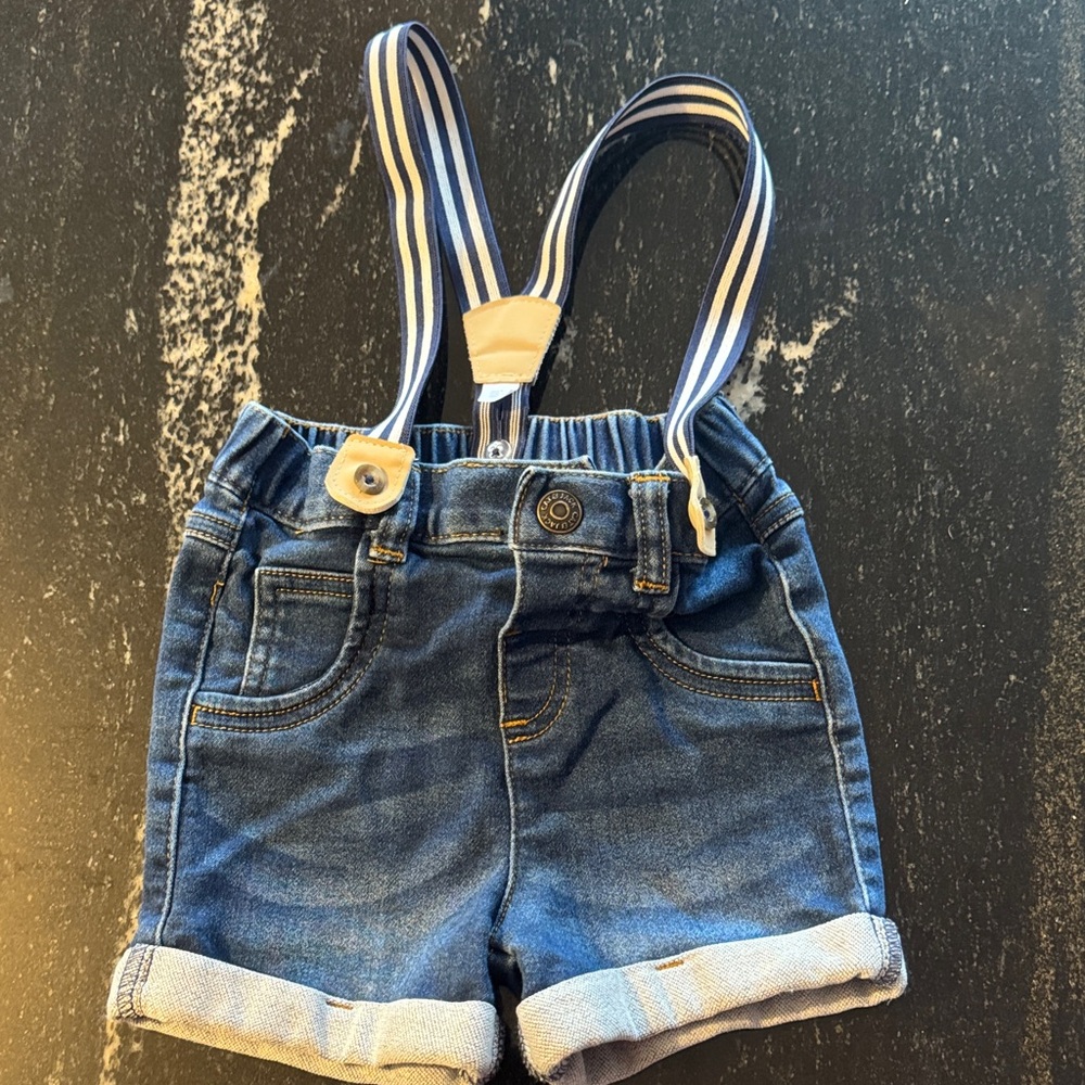 12 mo Cat & Jack Denim Overalls with Striped Suspenders